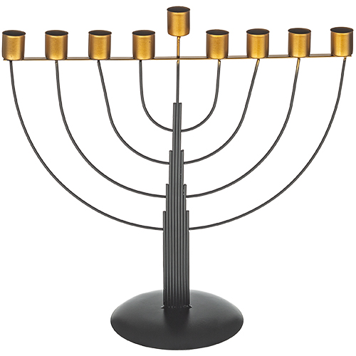 פמוט מעוצב לנרות, עם עיצוב מודרני בצבעים שחור וזהב, מתאים לחנוכה או כמתנה מיוחדת.