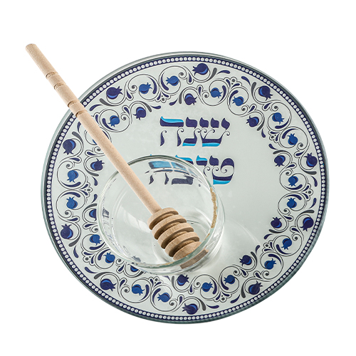 צלחת מתוקה עם דבש וצלוחית, בעיצוב אישי לחג, מתנה מושלמת לשבת ולחגים.