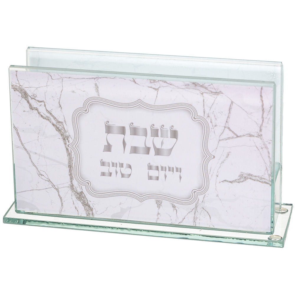 סטנד מעוצב לשבת עם כיתוב "שבת שלום" בעיצוב מודרני על רקע שיש.