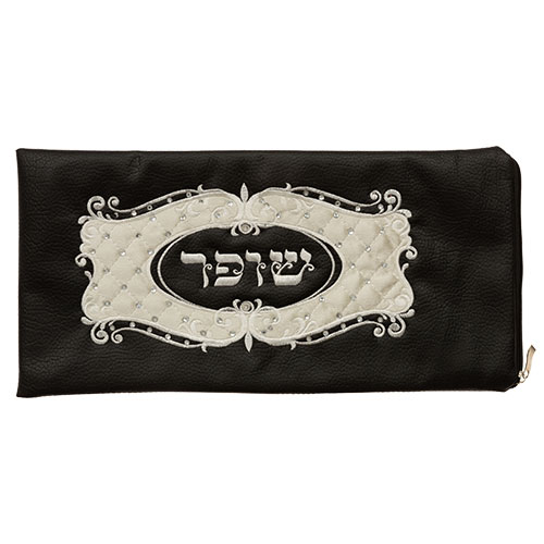 כיסוי טלית ותפילין מעוצב בשחור עם רקמה ייחודית בעיצוב אישי.