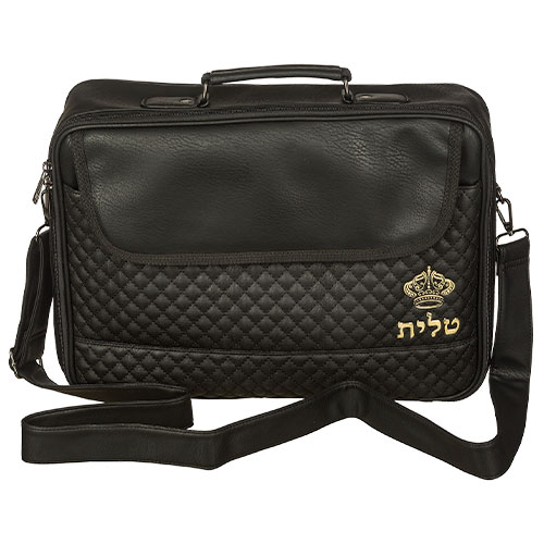 תיק עור מעוצב לשימוש יומיומי עם רקמה של המילה "טלית" בצבע זהב.