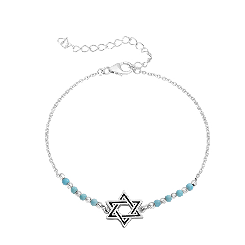 תכשיט ידיים מעוצב עם מגן דוד וכדורים טורקיזים, מתנה מיוחדת ליודאיקה.