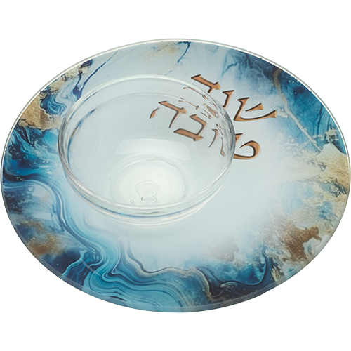 מגש חלה מעוצב עם קערית שקופה, מתאים לשבת ולאירועים משפחתיים, בעיצוב מודרני ויפה.