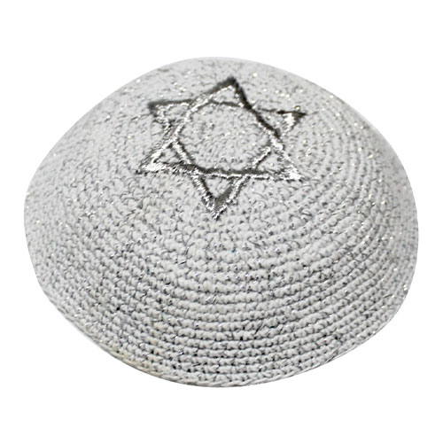כיפה סרוגה 16 ס"מ נטזים כסף עם רקמה מגן דוד